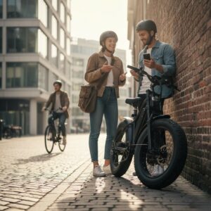 Twee personen met helm bij een fatbike in de stad, kijken op hun telefoon en bespreken aansprakelijkheidsverzekering.