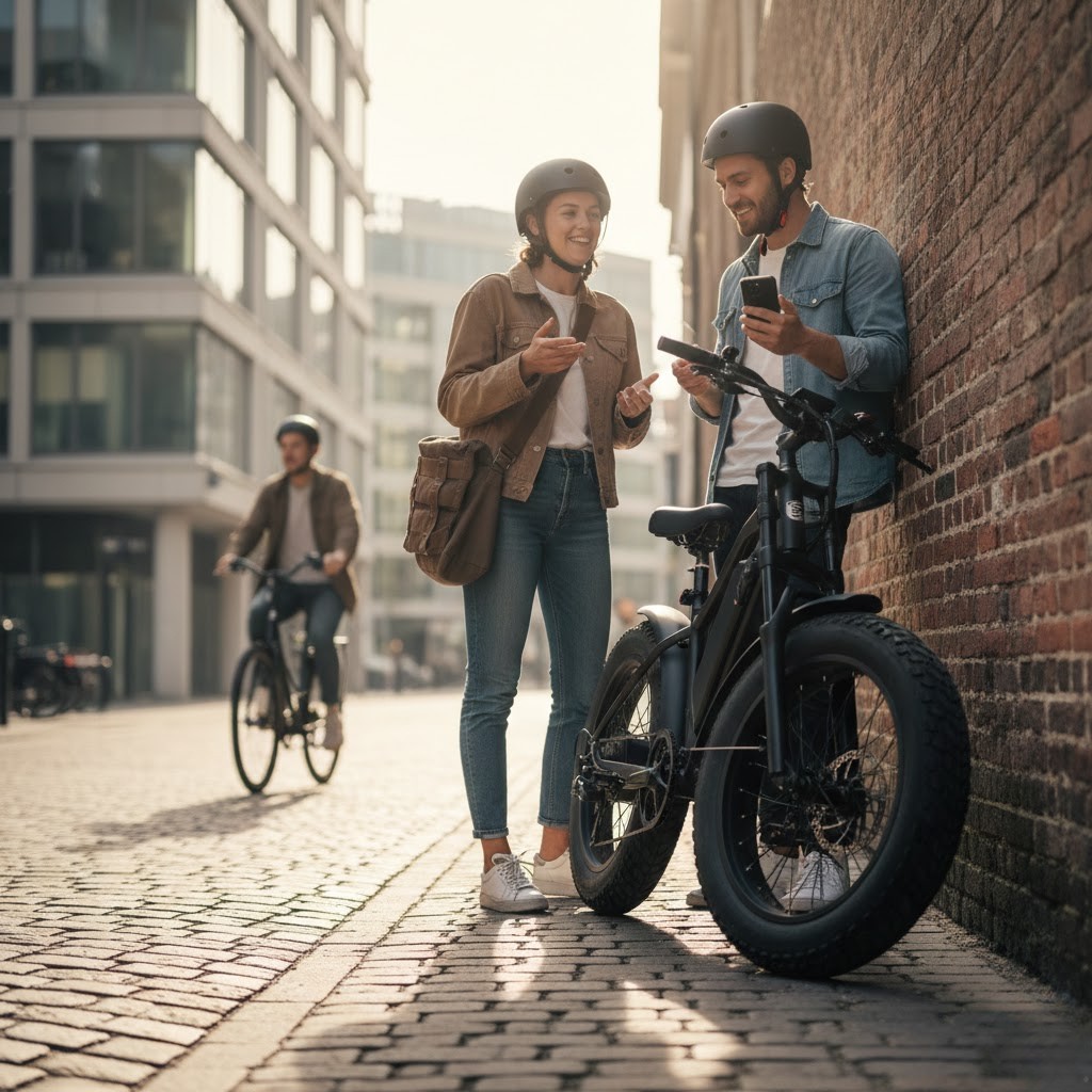 Twee personen met helm bij een fatbike in de stad, kijken op hun telefoon en bespreken aansprakelijkheidsverzekering.
