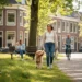 Vrouw wandelt met hond aan de lijn in Nederlands park met bankje en fietser op de achtergrond