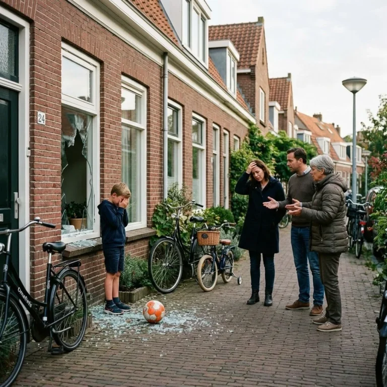 Kind schiet per ongeluk ruit kapot met voetbal terwijl ouders en buurman praten over schade