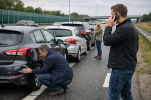 Kettingbotsing met meerdere auto’s op een Nederlandse snelweg terwijl bestuurders de schade inspecteren.