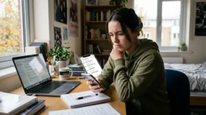 Persoon kijkt bezorgd naar smartphone door online pesten op social media