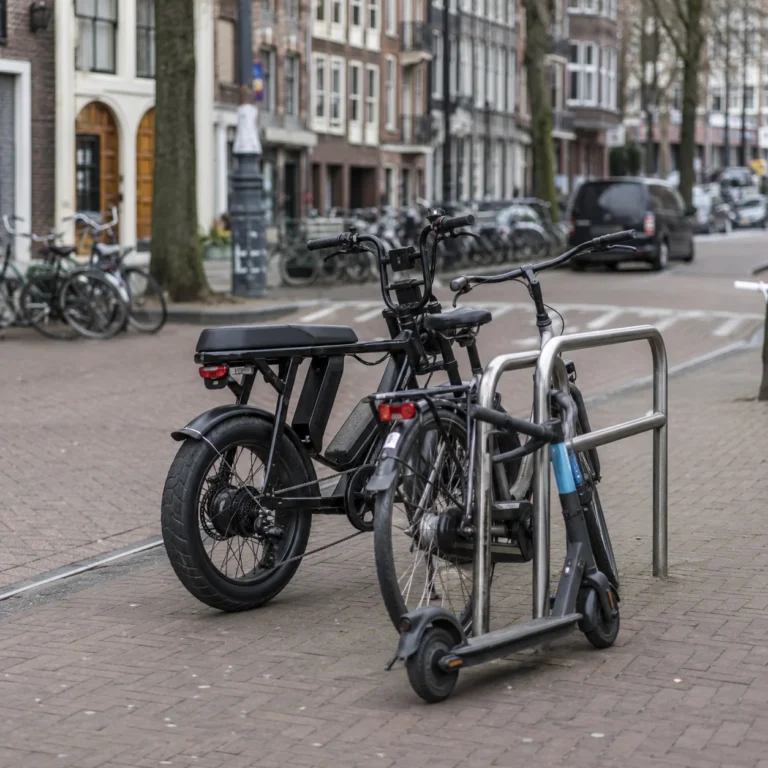 E-bike fatbike en e-step bij fietsenrek in Nederlandse straat