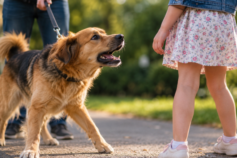 Hond aan de lijn kijkt naar een meisje in het park, passend bij een artikel over aansprakelijkheid bij schade door huisdieren.